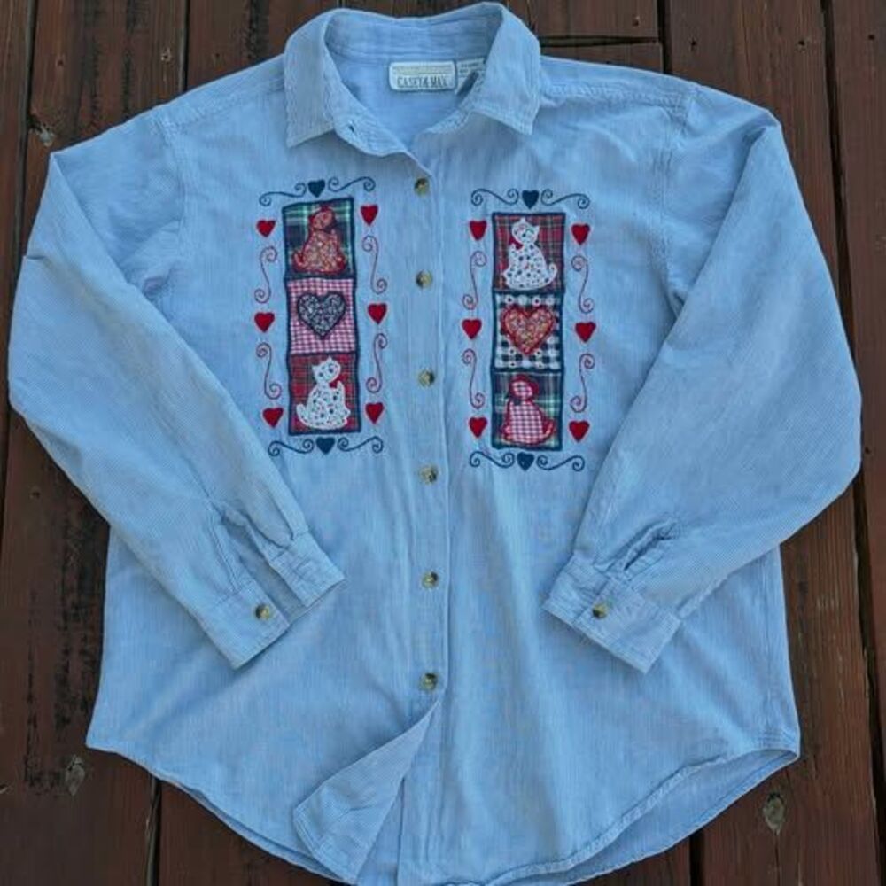 Vintage 90s Cat Embroidered Patchwork striped button up long sleeve LargeCotton